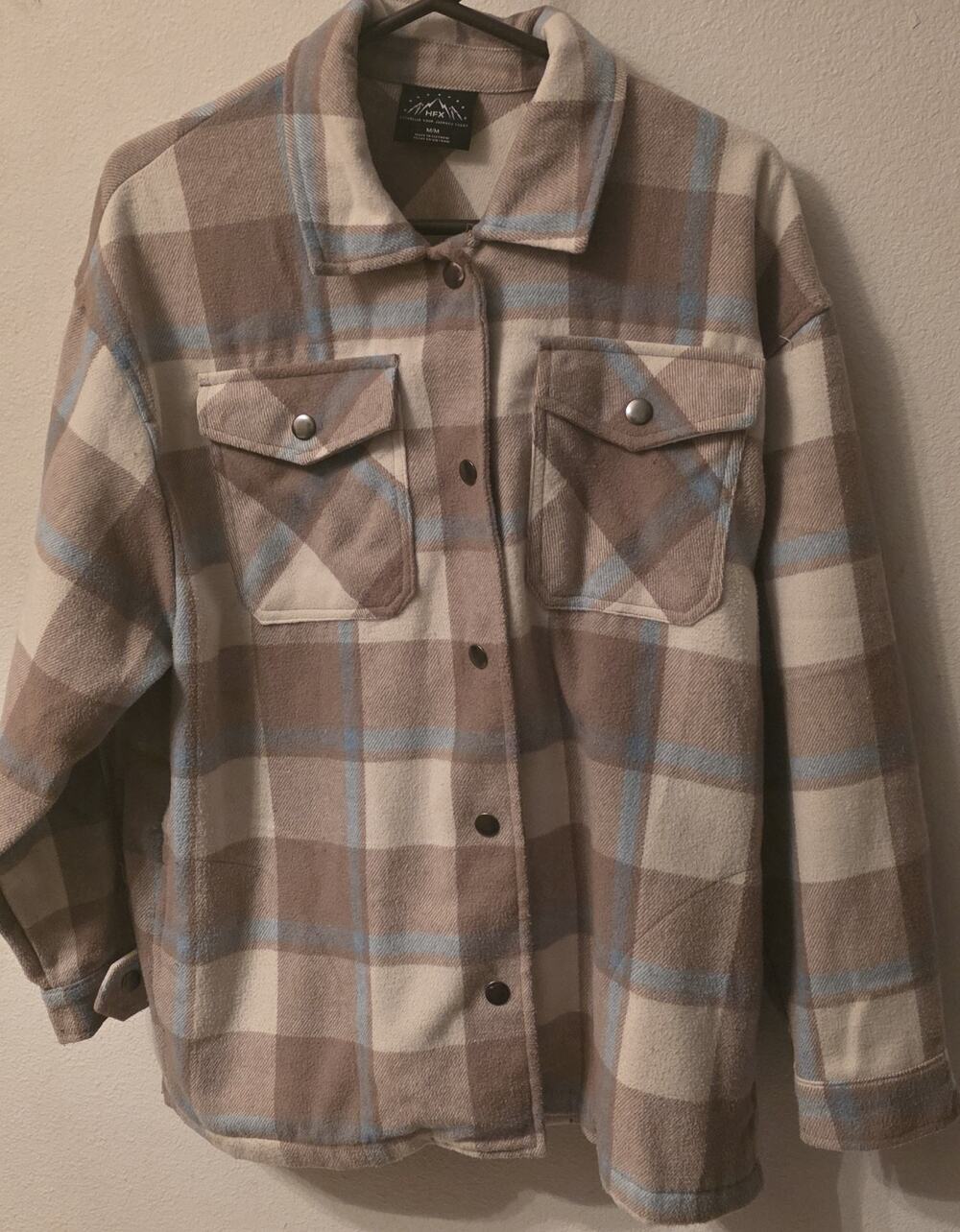 HFX Plaid Flannel Shirt Jacket Womens Size Med Beige Snap Closure Pockets